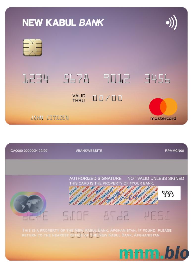 Afghanistan New Kabul Bank przykład karty mastercard w formacie PSD